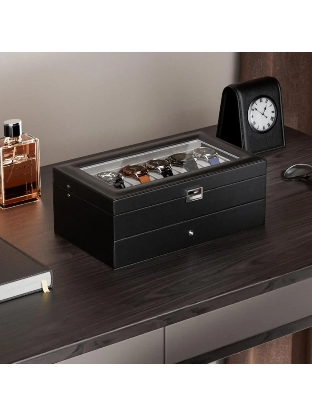 12-Slot Men's Watch Box Organizer with Drawer & Glass Lid - Jewelry Storage Gift